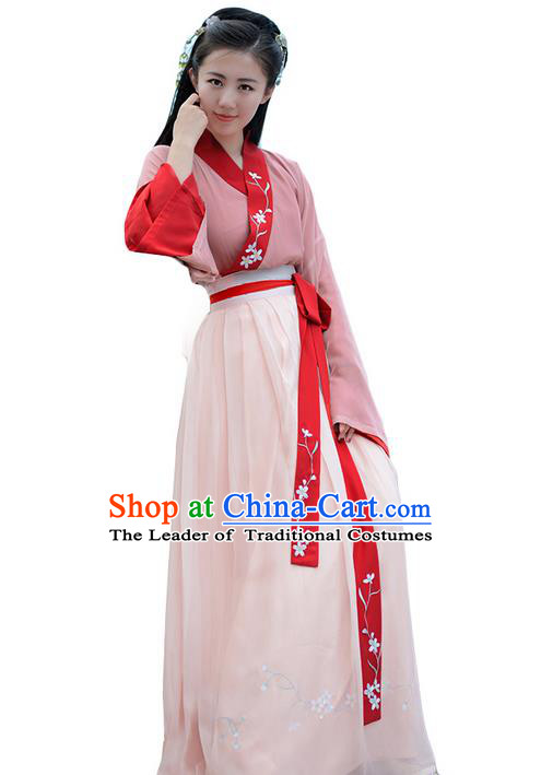 Traditional Ancient Chinese Young Lady Elegant Costume Embroidered Slant Opening Blouse and Slip Skirt Complete Set, Elegant Hanfu Clothing Chinese Song Dynasty Imperial Princess Clothing for Women