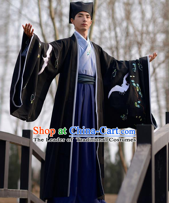 Traditional Ancient Chinese Elegant Costume Embroidered Crane Wide Sleeve Black Cardigan, Elegant Hanfu Clothing Chinese Jin Dynasty Imperial Cloak Clothing for Men