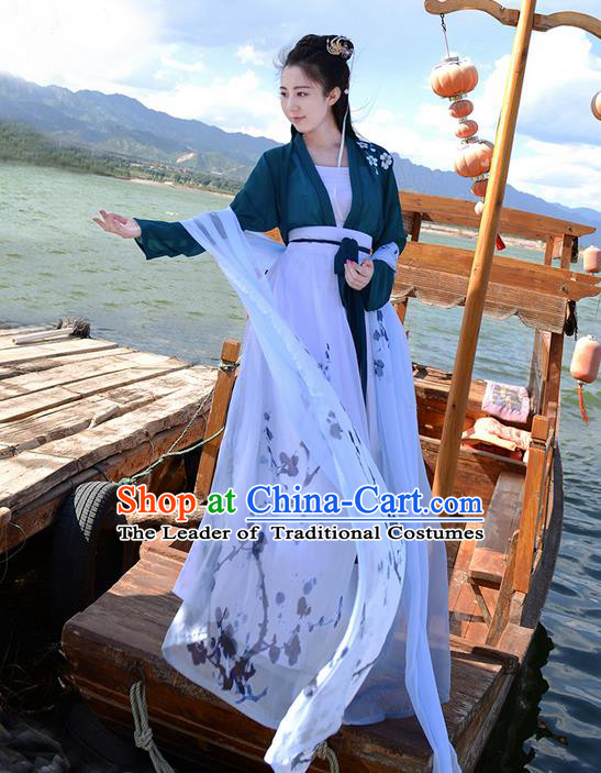 Traditional Ancient Chinese Young Lady Costume Embroidered Green Blouse Boob Tube Top and Slip Skirt Complete Set, Elegant Hanfu Suits Clothing Chinese Tang Dynasty Imperial Princess Dress Clothing for Women