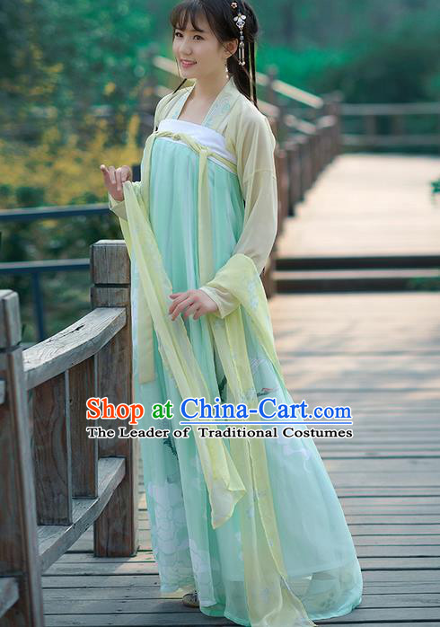 Traditional Ancient Chinese Young Lady Costume Embroidered Blouse and Light Blue Slip Skirt Complete Set, Elegant Hanfu Suits Clothing Chinese Tang Dynasty Imperial Princess Dress Clothing for Women