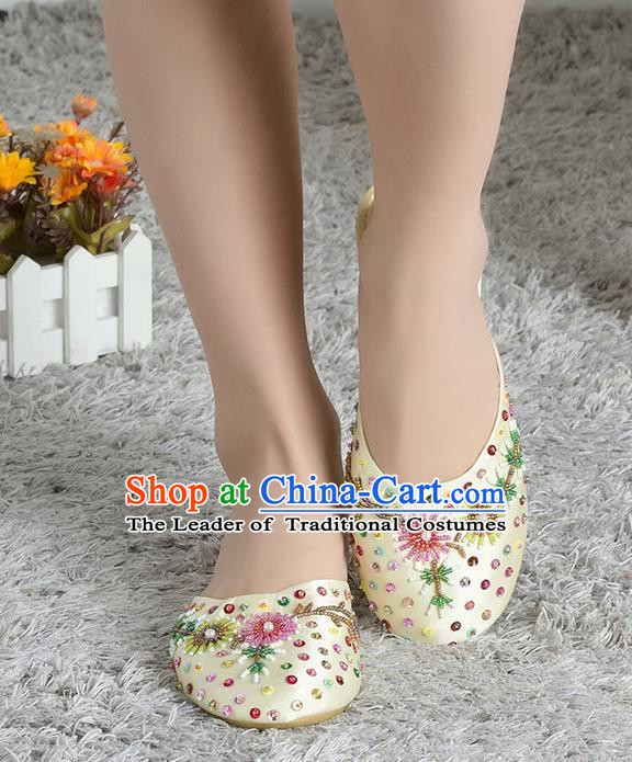 Traditional Chinese Shoes, China Handmade Linen Embroidered Beads Sequins Apricot Slippers, Ancient Princess Satin Cloth Shoes for Women