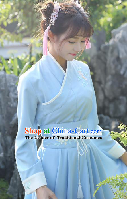 Traditional Ancient Chinese Young Lady Elegant Embroidered Blue Belt for Women