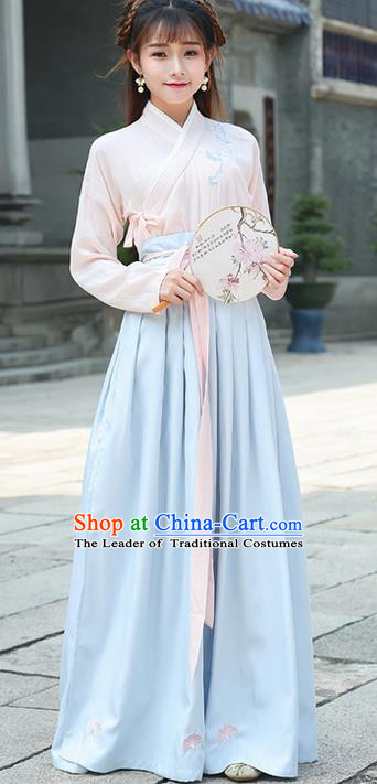 Traditional Ancient Chinese Costume, Elegant Hanfu Clothing Embroidered Slant Opening Pink Blouse and Slip Dress Complete Set, China Han Dynasty Princess Elegant Clothing for Women