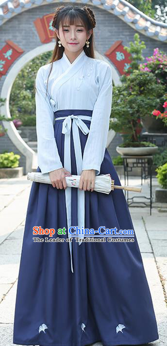 Traditional Ancient Chinese Costume, Elegant Hanfu Clothing Embroidered Slant Opening Blue Blouse and Slip Dress Complete Set, China Han Dynasty Princess Elegant Clothing for Women