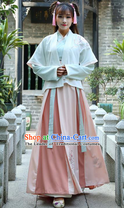 Traditional Ancient Chinese Young Lady Costume Embroidered Half-Sleeves Cardigan Blouse and Slip Skirt, Elegant Hanfu Suits Clothing Chinese Ming Dynasty Imperial Princess Dress Clothing for Women