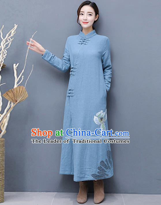 Traditional Ancient Chinese National Costume, Elegant Hanfu Mandarin Qipao Linen Hand Painting Blue Dress, China Tang Suit Chirpaur Republic of China Cheongsam Upper Outer Garment Elegant Dress Clothing for Women