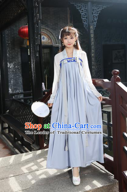 Traditional Ancient Chinese Young Lady Costume Embroidered Blouse and Grey Slip Skirt Complete Set, Elegant Hanfu Suits Clothing Chinese Tang Dynasty Imperial Princess Dress Clothing for Women