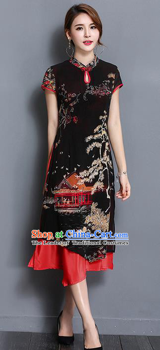 Traditional Ancient Chinese National Costume, Elegant Hanfu Mandarin Qipao Printing Black Dress, China Tang Suit Chirpaur Republic of China Cheongsam Upper Outer Garment Elegant Dress Clothing for Women