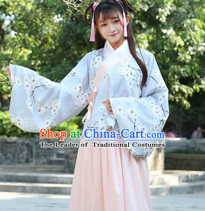 Traditional Ancient Chinese Young Lady Costume Printing Slant Opening Blouse and Slip Skirt Complete Set, Elegant Hanfu Suits Clothing Chinese Ming Dynasty Imperial Princess Dress Clothing for Women