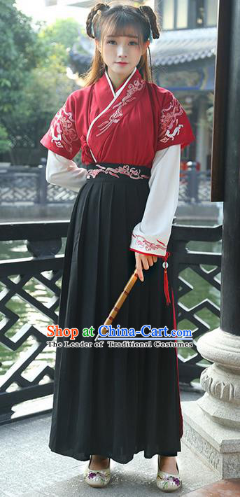 Traditional Ancient Chinese Young Lady Costume Printing Slant Opening Embroidered Blouse Half-Sleeves and Slip Skirt Complete Set, Elegant Hanfu Suits Clothing Chinese Ming Dynasty Imperial Princess Dress Clothing for Women