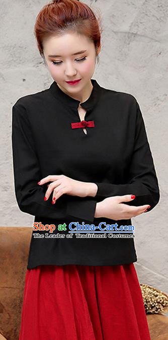 Traditional Chinese National Costume, Elegant Hanfu Stand Collar Black T-Shirt, China Tang Suit Republic of China Plated Buttons Chirpaur Blouse Cheong-sam Upper Outer Garment Qipao Shirts Clothing for Women