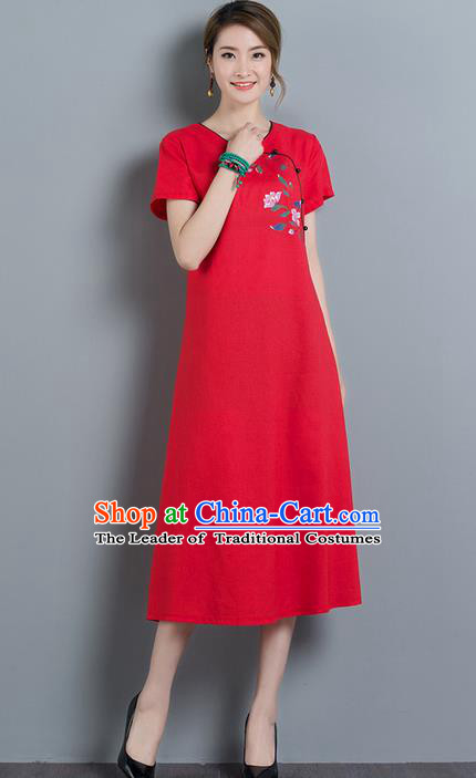 Traditional Ancient Chinese National Costume, Elegant Hanfu Qipao Embroidered Red Dress, China Tang Suit Cheongsam Upper Outer Garment Elegant Dress Clothing for Women