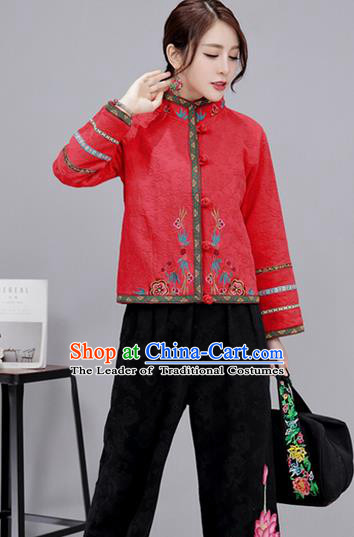 Traditional Ancient Chinese National Costume, Elegant Hanfu Stand Collar Embroidered Red Short Coat, China Tang Suit Plated Buttons Jacket, Upper Outer Garment Coat Clothing for Women