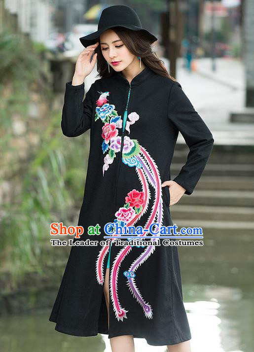 Traditional Ancient Chinese National Costume, Elegant Hanfu Stand Collar Embroidered Black Coat Robes, China Tang Suit Plated Buttons Cape, Upper Outer Garment Dust Coat Clothing for Women