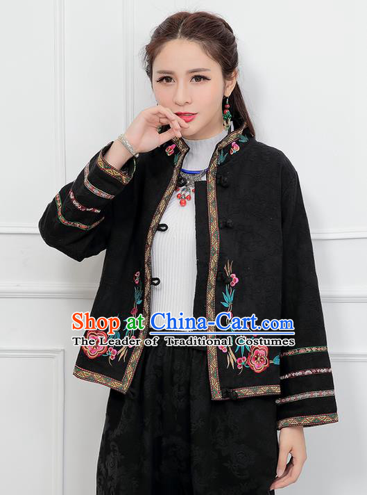Traditional Ancient Chinese National Costume, Elegant Hanfu Stand Collar Embroidered Black Short Coat, China Tang Suit Plated Buttons Jacket, Upper Outer Garment Coat Clothing for Women