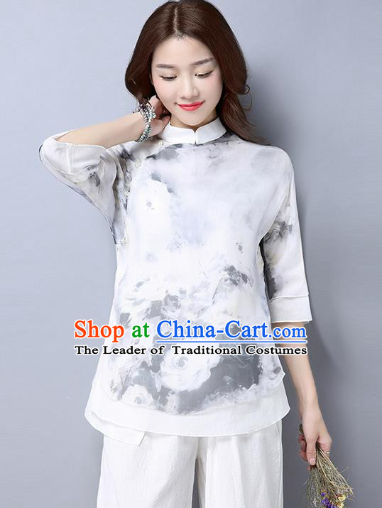 Traditional Chinese National Costume, Elegant Hanfu Printing Flowers Slant Opening White T-Shirt, China Tang Suit Republic of China Plated Buttons Chirpaur Blouse Cheong-sam Upper Outer Garment Qipao Shirts Clothing for Women