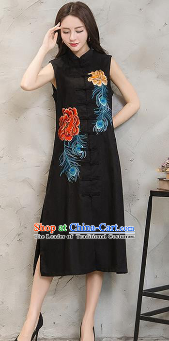 Traditional Ancient Chinese National Costume, Elegant Hanfu Mandarin Qipao Embroidered Front Opening Black Dress, China Tang Suit Plated Buttons Chirpaur Republic of China Cheongsam Upper Outer Garment Elegant Dress Clothing for Women