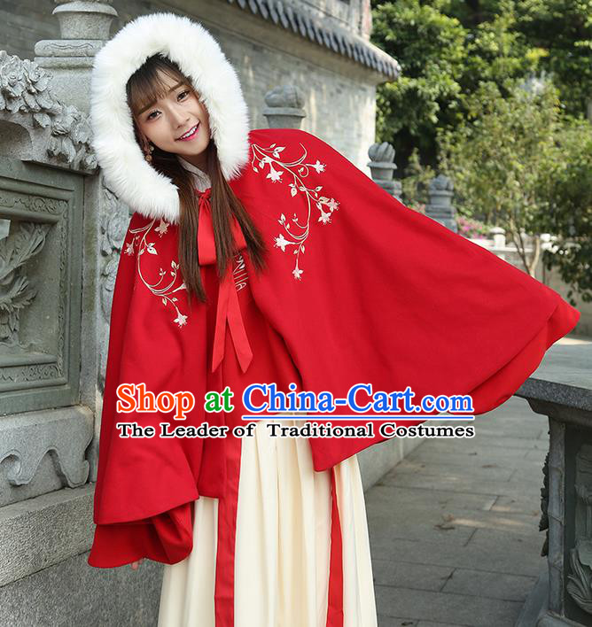 Traditional Chinese Ancient Ming Dynasty Princess Mantle Embroidered Hooded Cape for Women