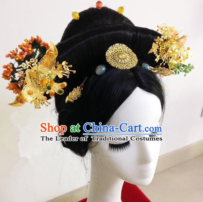 Traditional Ancient Chinese Imperial Consort Hair Jewellery Accessories, Chinese Qing Dynasty Manchu Palace Lady Headwear Zhen Huan Wig and Big La fin Headpiece, Chinese Mandarin Imperial Concubine Flag Head Hat Decoration Accessories for Women