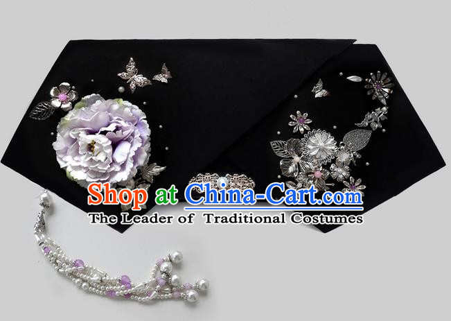 Traditional Ancient Chinese Hair Jewellery Accessories, Chinese Qing Dynasty Manchu Palace Lady Headwear Zhen Huan Big La fin Flowers Beads Pendant Headpiece, Chinese Mandarin Imperial Concubine Flag Head Hat Decoration Accessories for Women