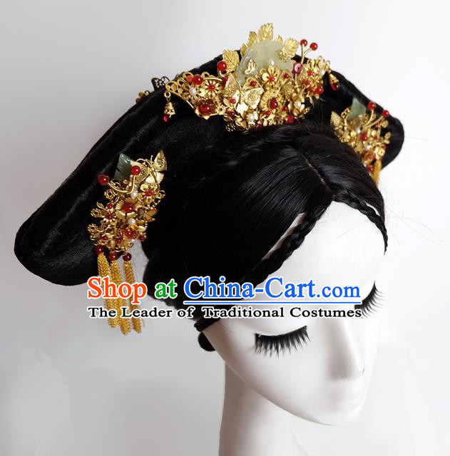 Traditional Handmade Chinese Ancient Classical Hair Accessories Bride Wedding Barrettes Xiuhe Suit Hairpin Complete Set, Hanfu Princess Wedding Hair Sticks Hair Jewellery, Hair Fascinators Hairpins for Women