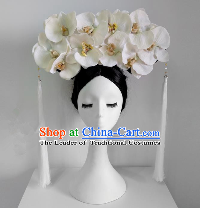 Traditional Ancient Chinese Imperial Consort Hair Accessories, Chinese Handmade Qing Dynasty Manchu Palace Lady Phalaenopsis Flowers Headwear Big La fin Headpiece, Chinese Mandarin Imperial Concubine Flag Head Hat Decoration Accessories for Women