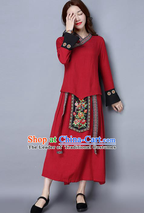 Traditional Ancient Chinese Costume, Elegant Hanfu Clothing Folk Dance Embroidered Red Slant Opening Blouse and Dress, China Tang Dynasty Princess Elegant Blouse and Skirt Complete Set for Women