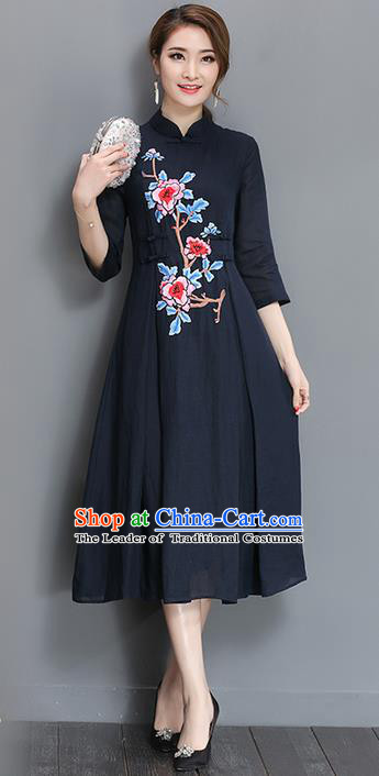 Traditional Chinese National Costume, Elegant Hanfu Mandarin Qipao Printing Peony Navy Plated Buttons Dress, China Tang Suit Stand Collar Cheongsam Upper Outer Garment Elegant Dress Clothing for Women