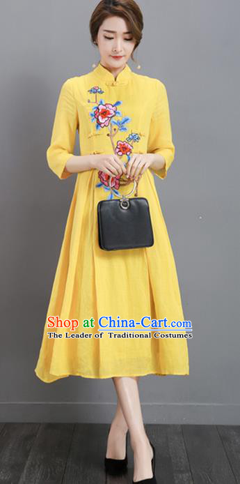Traditional Chinese National Costume, Elegant Hanfu Mandarin Qipao Printing Peony Yellow Plated Buttons Dress, China Tang Suit Stand Collar Cheongsam Upper Outer Garment Elegant Dress Clothing for Women