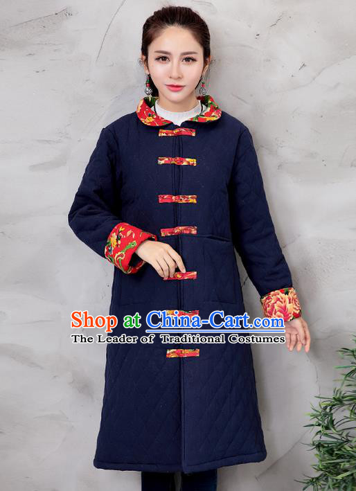Traditional Ancient Chinese National Costume, Elegant Hanfu Turn-down Collar Navy Cotton Wadded Coat, China Tang Suit Plated Buttons Cape, Upper Outer Garment Dust Coat Clothing for Women