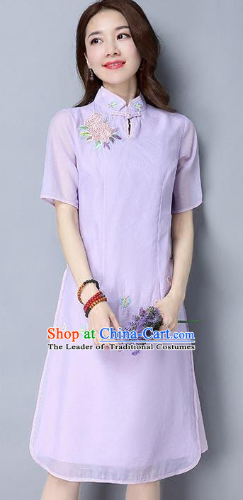Traditional Ancient Chinese National Costume, Elegant Hanfu Mandarin Qipao Embroidered Flowers Organza Purple Cheongsam Dress, China Tang Suit Upper Outer Garment Elegant Dress Clothing for Women