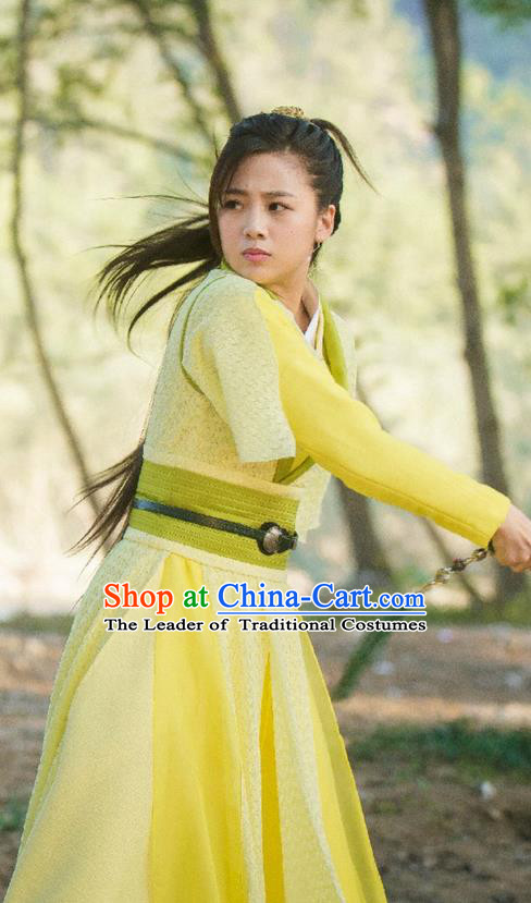 Traditional Ancient Chinese Chivalrous Swordswoman Costume, Chinese Ming Dynasty Heroine Young Lady Yellow Dress, Cosplay Chinese Television Drama Flying Daggers Princess Hanfu Clothing for Women