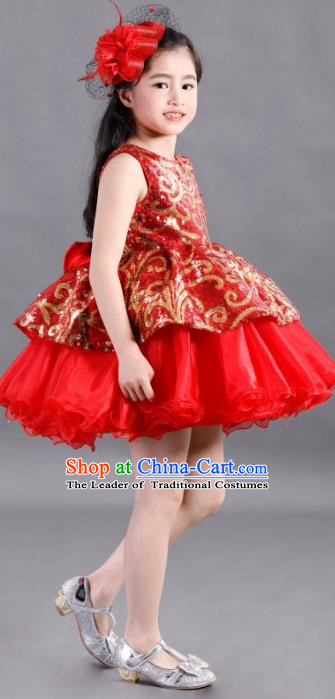 Traditional Chinese Modern Dancing Compere Costume, Children Opening Classic Chorus Singing Group Dance Paillette Uniforms, Modern Dance Classic Dance Red Bubble Dress for Girls Kids
