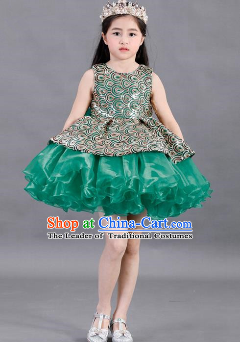 Traditional Chinese Modern Dancing Compere Costume, Children Opening Classic Chorus Singing Group Dance Paillette Uniforms, Modern Dance Classic Dance Green Bubble Dress for Girls Kids
