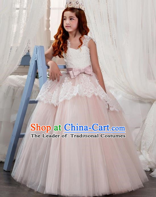 Traditional Chinese Modern Dancing Compere Performance Costume, Children Opening Classic Chorus Singing Group Dance Veil Bowknot Evening Dress, Modern Dance Classic Dance Pink Bubble Dress for Girls Kids