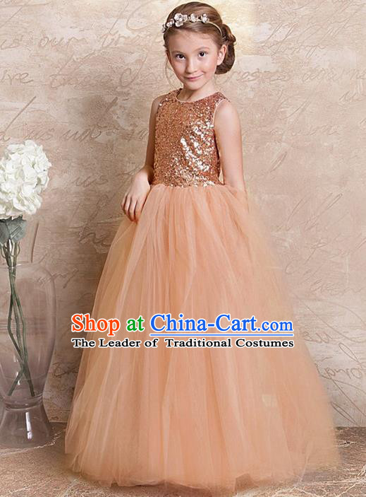 Traditional Chinese Modern Dancing Compere Performance Costume, Children Opening Classic Chorus Singing Group Dance Long Champagne Veil Evening Dress, Modern Dance Classic Dance Bubble Dress for Girls Kids