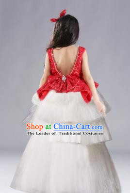 Top Grade Chinese Compere Performance Costume, Children Chorus Singing Group Red Full Dress Modern Dance Trailing Bubble Short Dress for Girls Kids