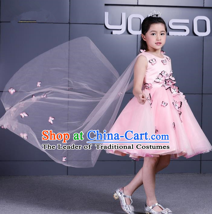 Top Grade Chinese Compere Performance Costume, Children Chorus Singing Group Pink Three-dimensional Butterfly Full Dress Modern Dance Bubble Short Dress for Girls Kids