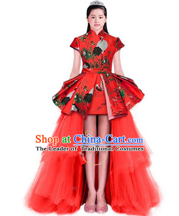 Top Grade Chinese Style Compere Performance Costume, Children Chorus Singing Group Stand Collar Full Dress Modern Dance Red Long Veil Trailing Dress for Girls Kids