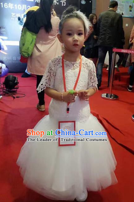 Top Grade Chinese Compere Catwalks Performance Costume, Children Chorus Singing Group Baby Princess Fishtail Full Dress Modern Dance White Veil Dress for Girls Kids