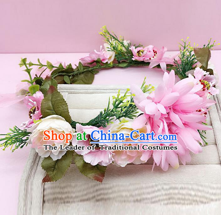 Top Grade Handmade Classical Hair Accessories Hairpins Wreath, Children Baroque Style Pink Flowers Garland Bobby Pin Hair Clasp for Kids Girls