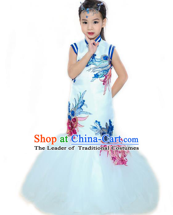 Top Grade Professional Compere Performance China Style Catwalks Costume, Children Chorus Singing Group Cheongsam Full Dress Modern Dance Fishtail Dress for Girls Kids