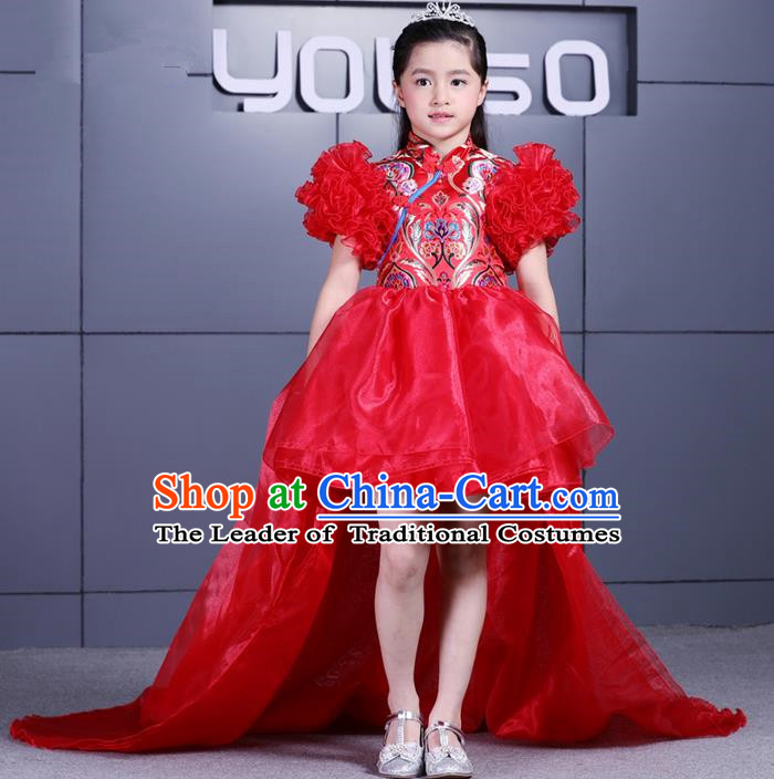 Top Grade Professional Compere Performance China Style Catwalks Costume, Children Chorus Singing Group Dragon Robes Red Full Dress Modern Dance Trailing Dress for Girls Kids