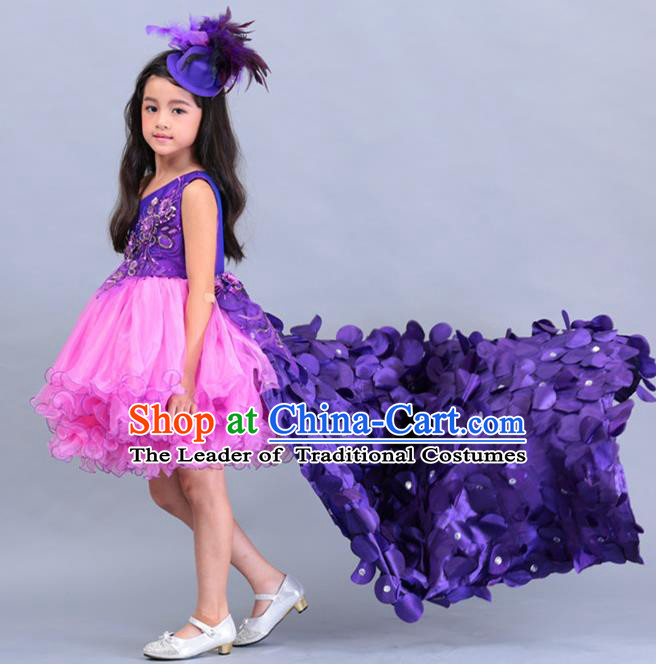 Top Grade Professional Compere Performance Catwalks Costume, Children Chorus Singing Group Baby Princess Purple Layered Dress Full Dress Modern Dance Trailing Bubble Dress for Girls Kids