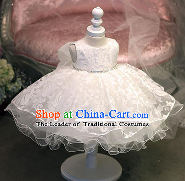 Top Grade Chinese Compere Professional Performance Catwalks Costume, Children Chorus White Bubble Formal Dress Modern Dance Baby Princess Veil Dress for Girls Kids