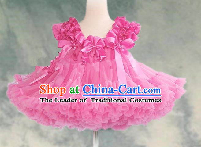 Top Grade Chinese Compere Professional Performance Catwalks Costume, Children Chorus Pink Bubble Formal Dress Modern Dance Baby Princess Veil Short Dress for Girls Kids