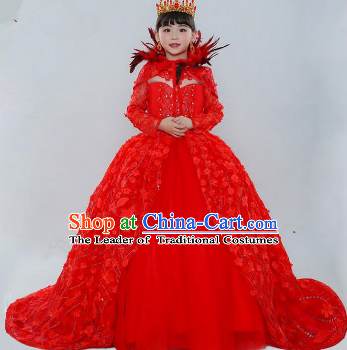 Top Grade Chinese Compere Professional Performance Catwalks Costume, Children Chorus Palace Queen Wedding Red Formal Dress Modern Dance Baby Princess Long Trailing Dress for Girls Kids