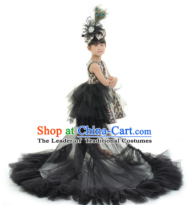 Top Grade Chinese Compere Professional Performance Catwalks Costume, Children Chorus Black Leopard Formal Dress Modern Dance Baby Princess Long Trailing Dress for Girls Kids