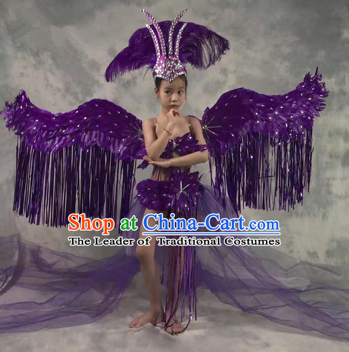 Top Grade Compere Professional Performance Catwalks Costume and Headwear Complete Set, Children Chorus Purple Formal Dress With Wings Modern Dance Baby Princess Long Trailing Dress for Girls Kids