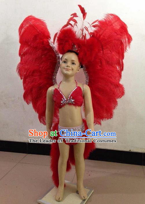 Top Grade Compere Professional Performance Catwalks Swimsuit Costume, Children Chorus Customize Red Feather Full Dress with Wings Modern Dance Baby Princess Modern Fancywork Long Trailing Clothing for Girls Kids